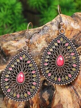 BRONZE mandala Filigree pink and green  earrings